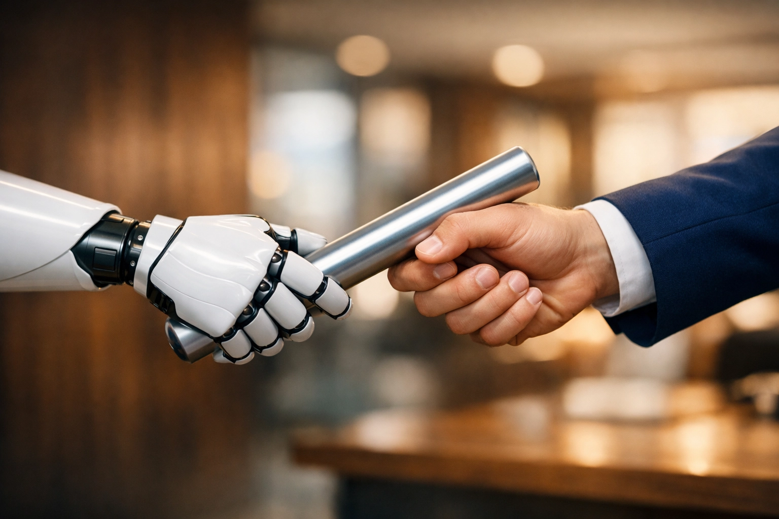 Robotic hand passing a baton to a human, showing seamless AI to human support escalation.
