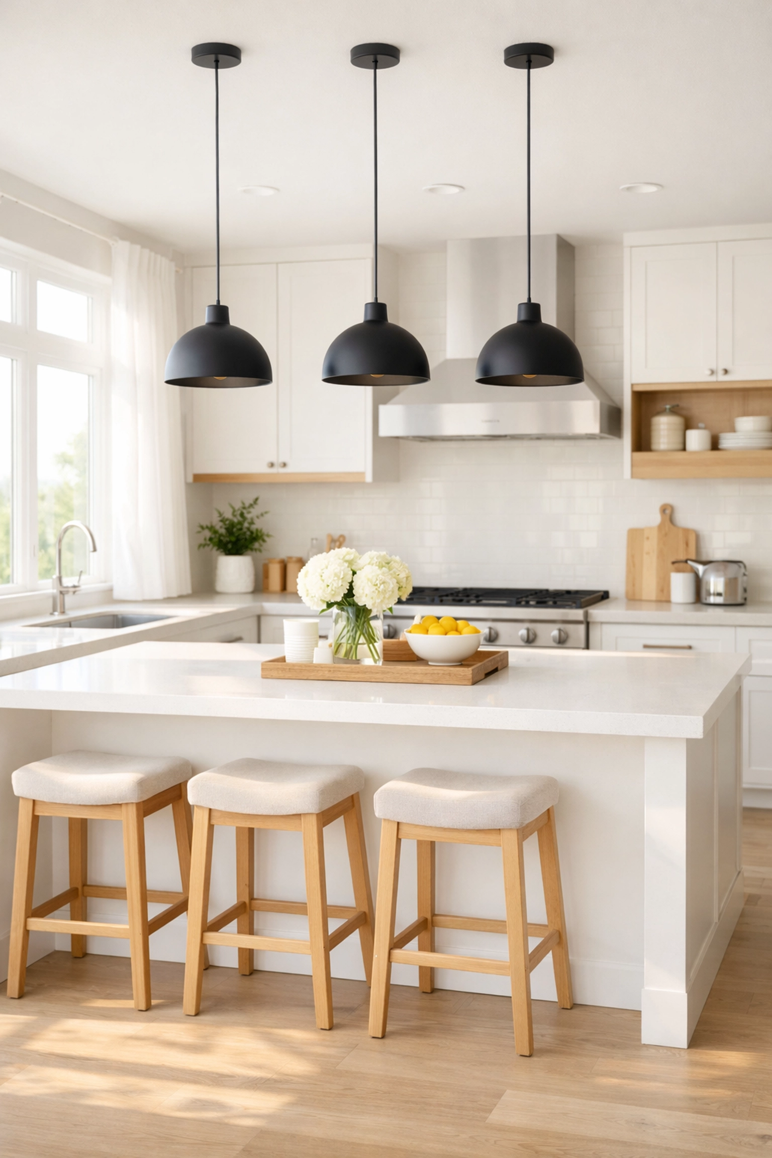 Energy-efficient kitchen remodel in Maricopa County with smart LED pendant lights and natural light.