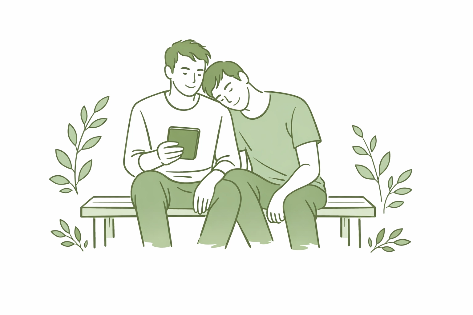 Two men reading an MM romance eBook together on a bench in a peaceful garden setting.