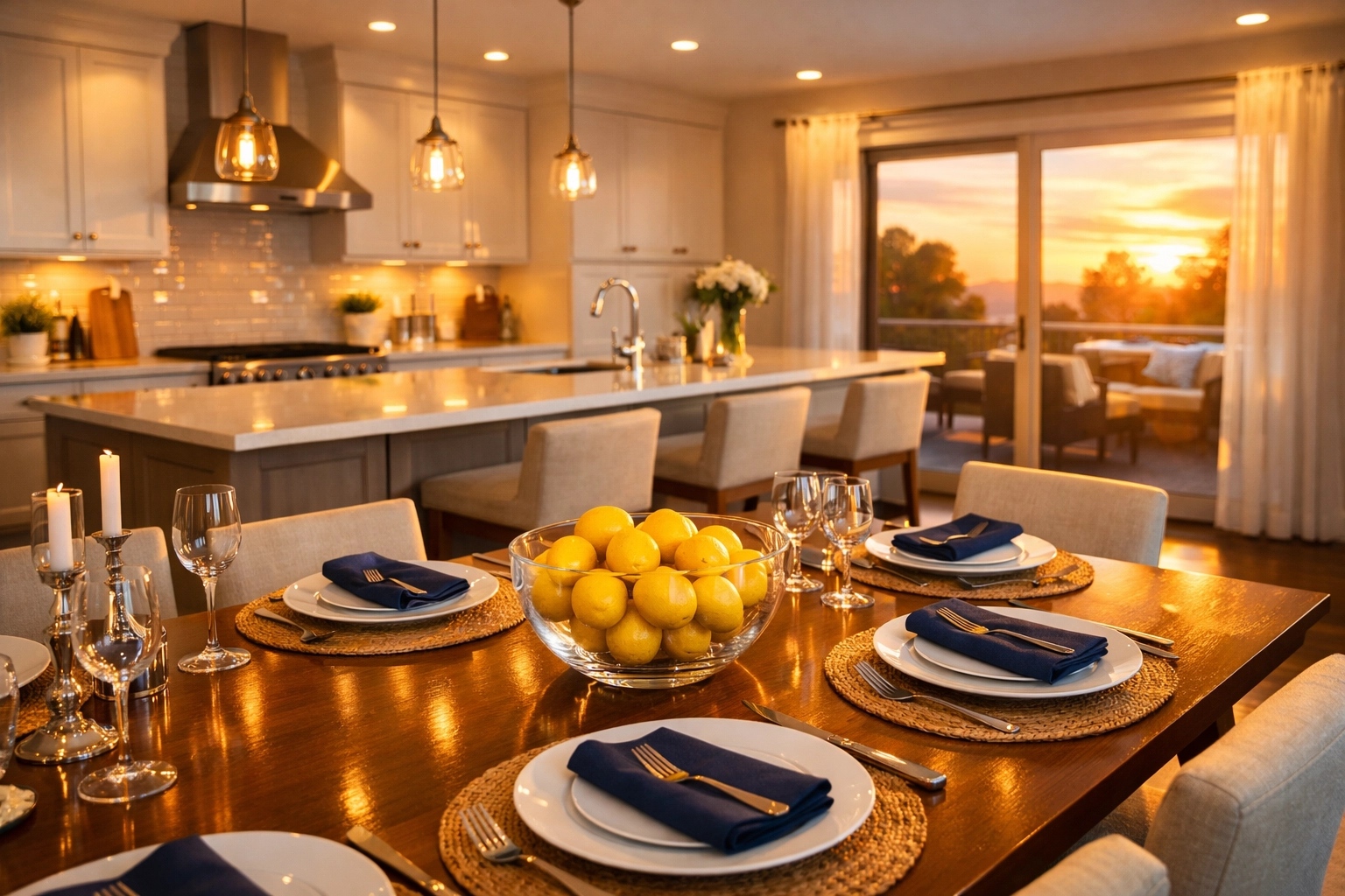 A spotless modern kitchen at sunset after a professional deep cleaning in Westborough Massachusetts.