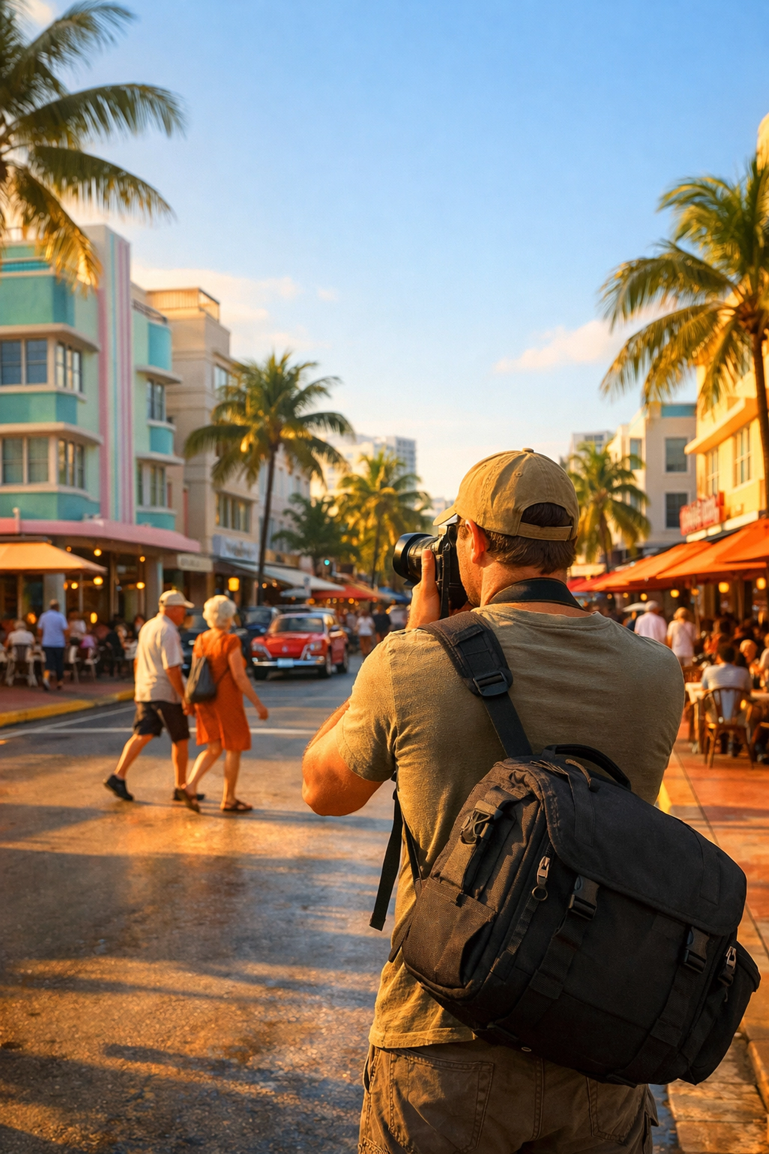 Traveling photographer capturing local life in a tropical city with colorful architecture.