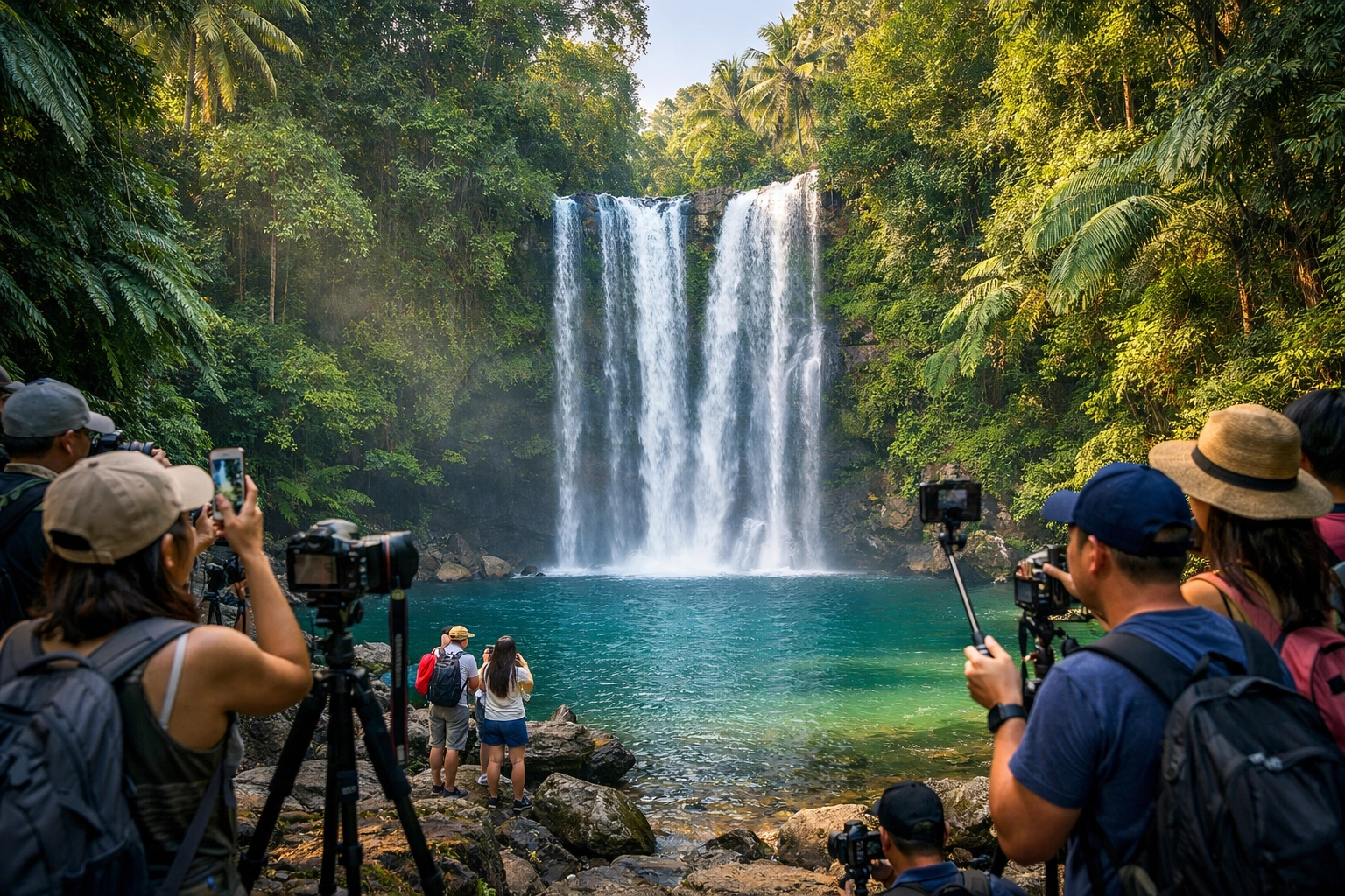 A crowded tropical waterfall showing the reality of viral TikTok hidden gems and overtourism.