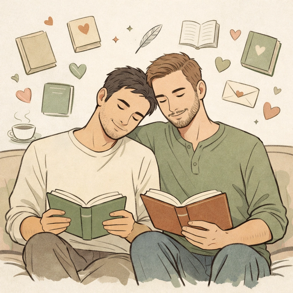 MM couple reading together on sofa, depicting literary gay romance and emotional connection