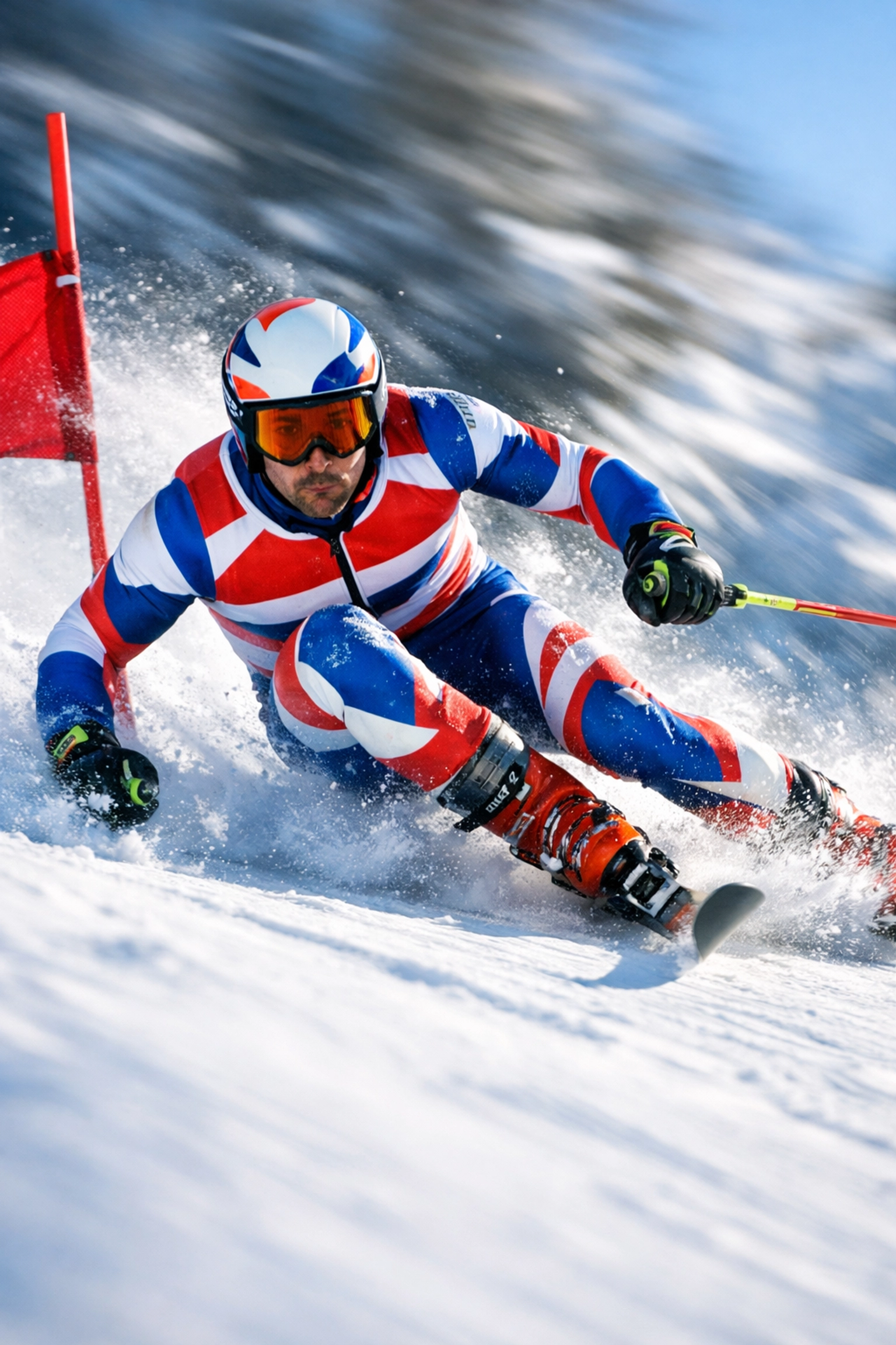 Male downhill skier racing through snow spray at Winter Olympics competition