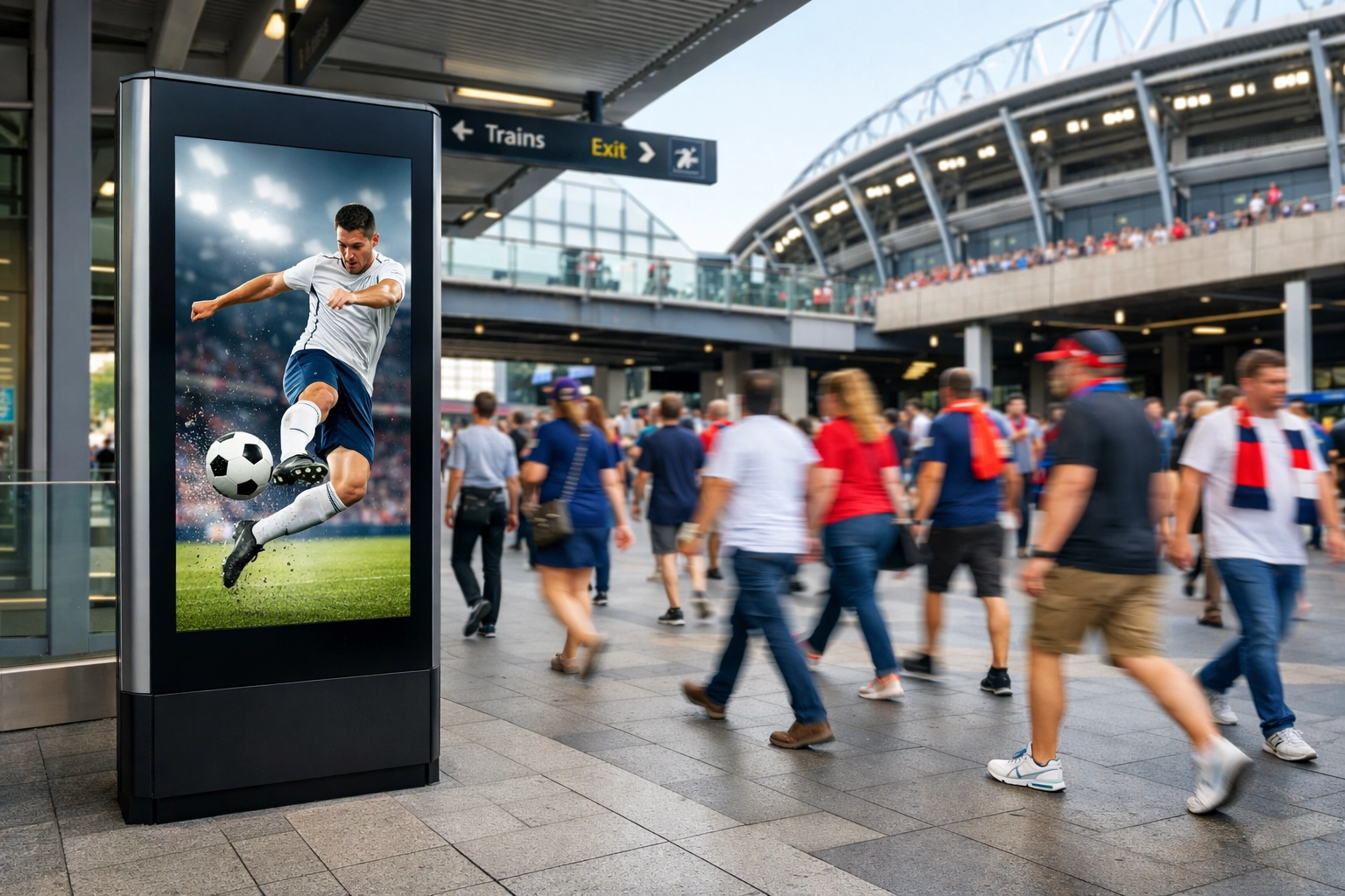 Digital sports advertising pillar in a high-traffic transit hub reaching fans and commuters.
