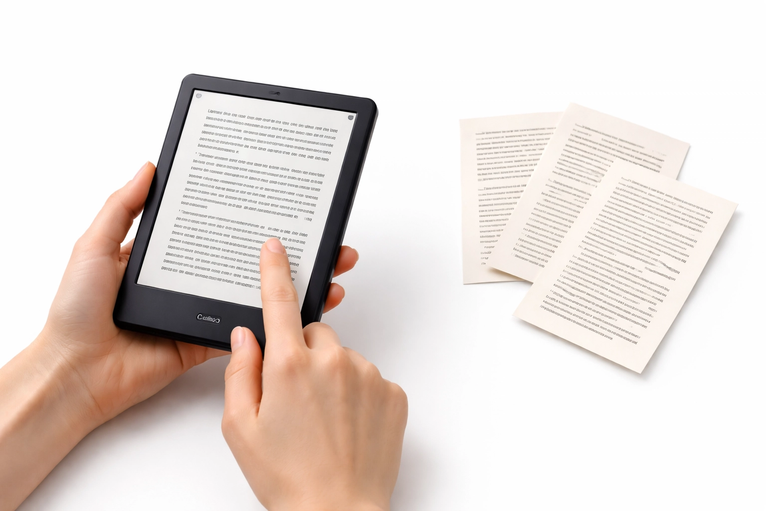 Hands hold a Kindle e-reader with three book pages beside it, illustrating the 3-page hook test for Kindle short reads.
