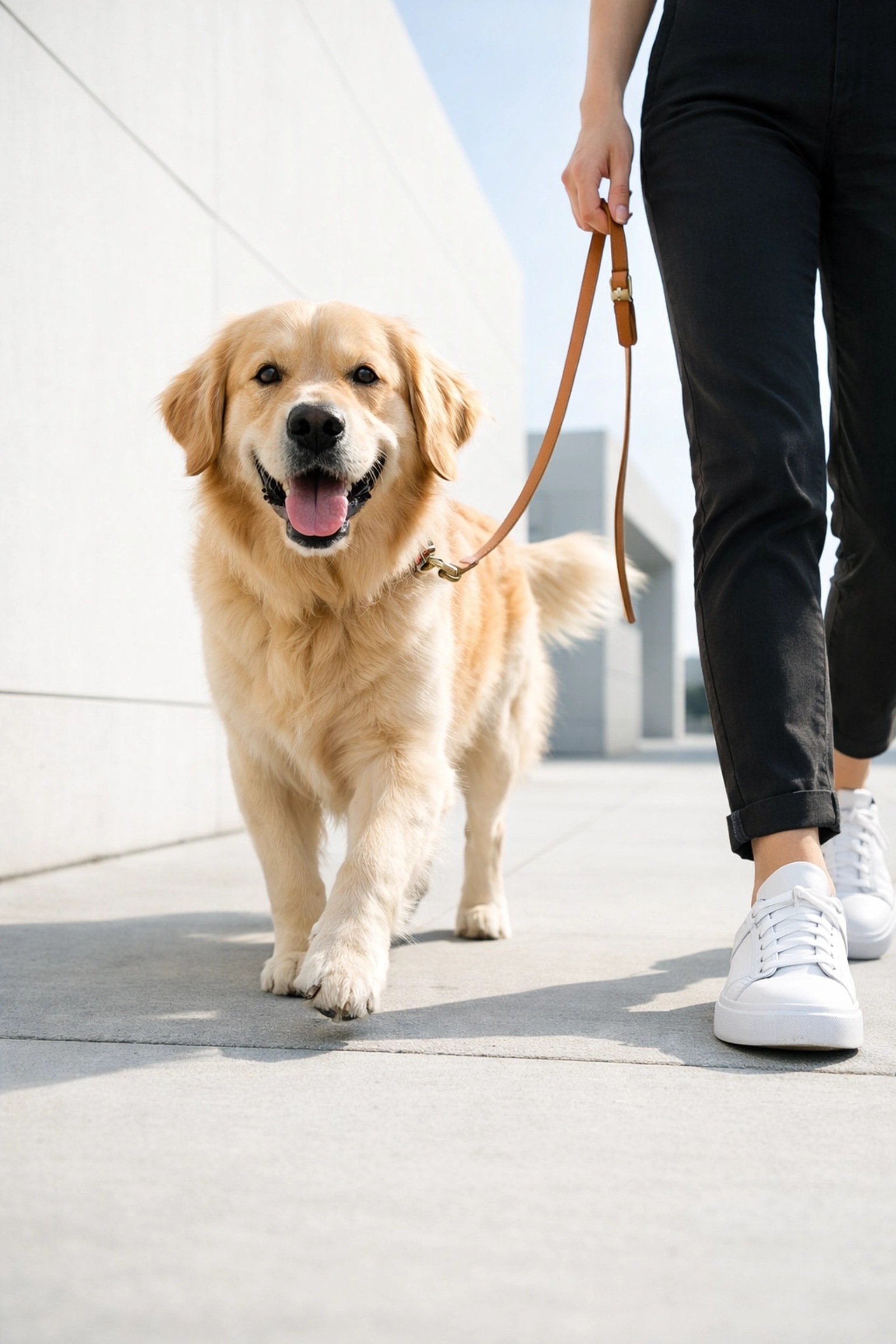 A professional dog walker walking a Golden Retriever, illustrating daily pet care employee benefits.