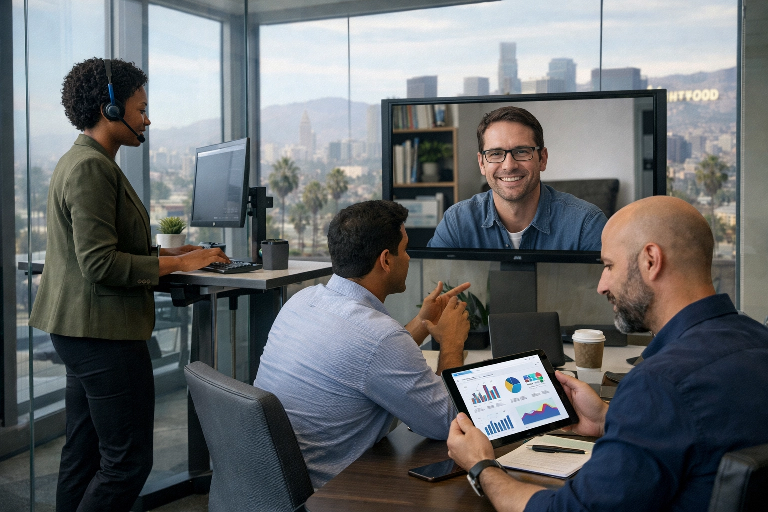 Business team using cloud phone system for video conferencing and collaboration in LA office