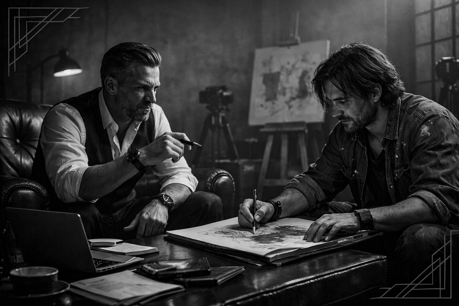 Independent artist and consultant planning music promotion services in a professional boutique studio.