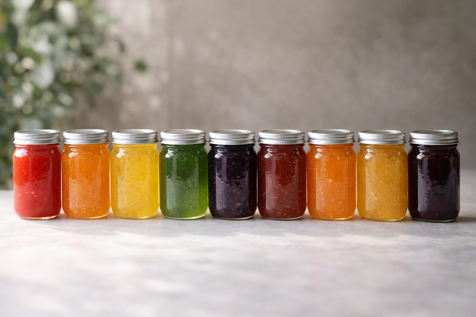 Nine 16oz glass jars of Ms. D’s Wellness Goods Sea Moss Gels arranged in a neat row, featuring vibrant flavors