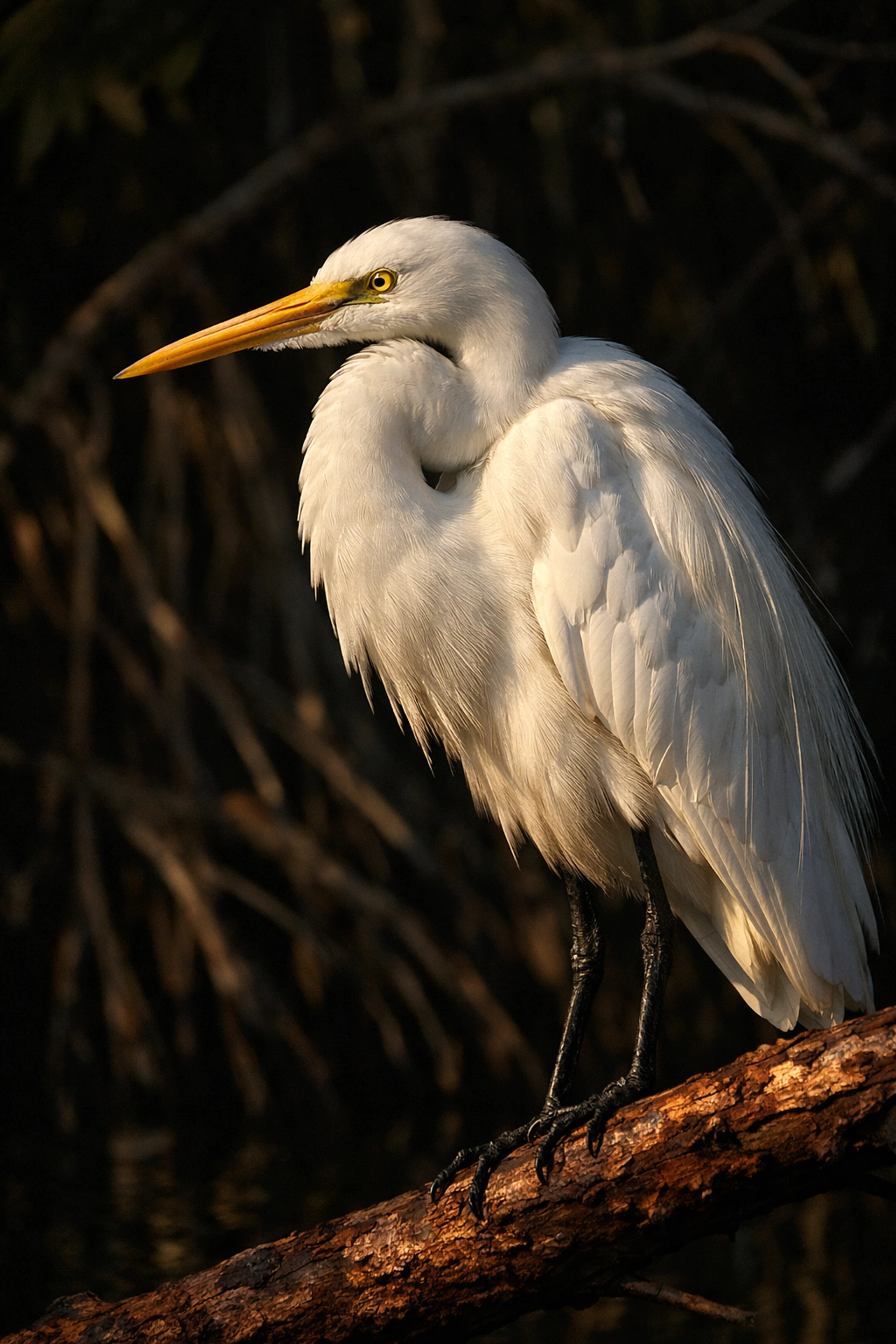 Sharp focus on a Great Egret's eye with perfect exposure on white feathers in the Everglades.