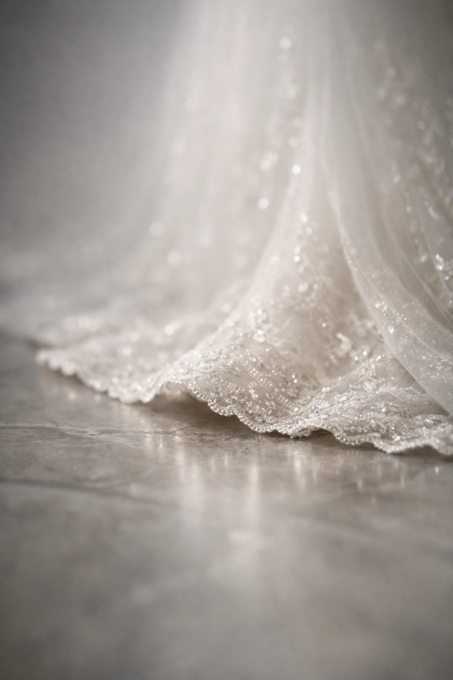 Detailed close-up of a luxury wedding dress hem skimming a stone floor, showing expert tailoring.