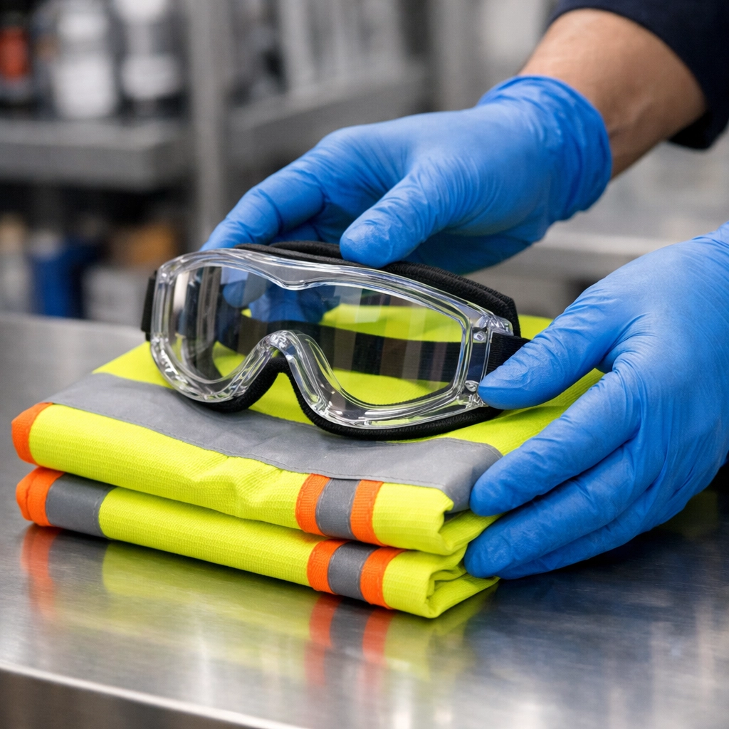 Janitorial safety gear including goggles and high-visibility vest for workplace compliance.