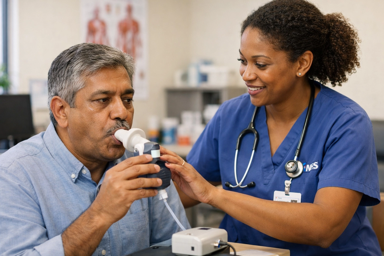 Patient undergoing spirometry test with respiratory technician in NHS primary care