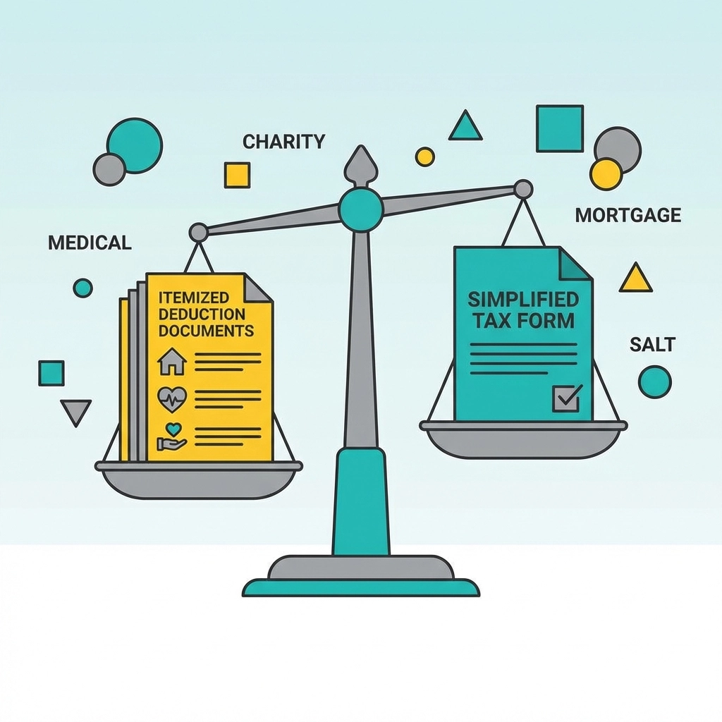 Balance scale with itemized deductions and tax forms, comparing itemizing to standard deduction for SALT.