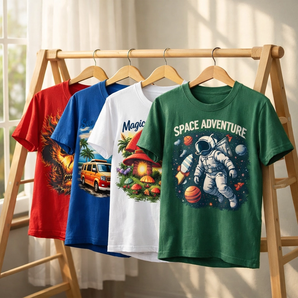 Custom DTF shirts air drying on a rack to preserve print quality