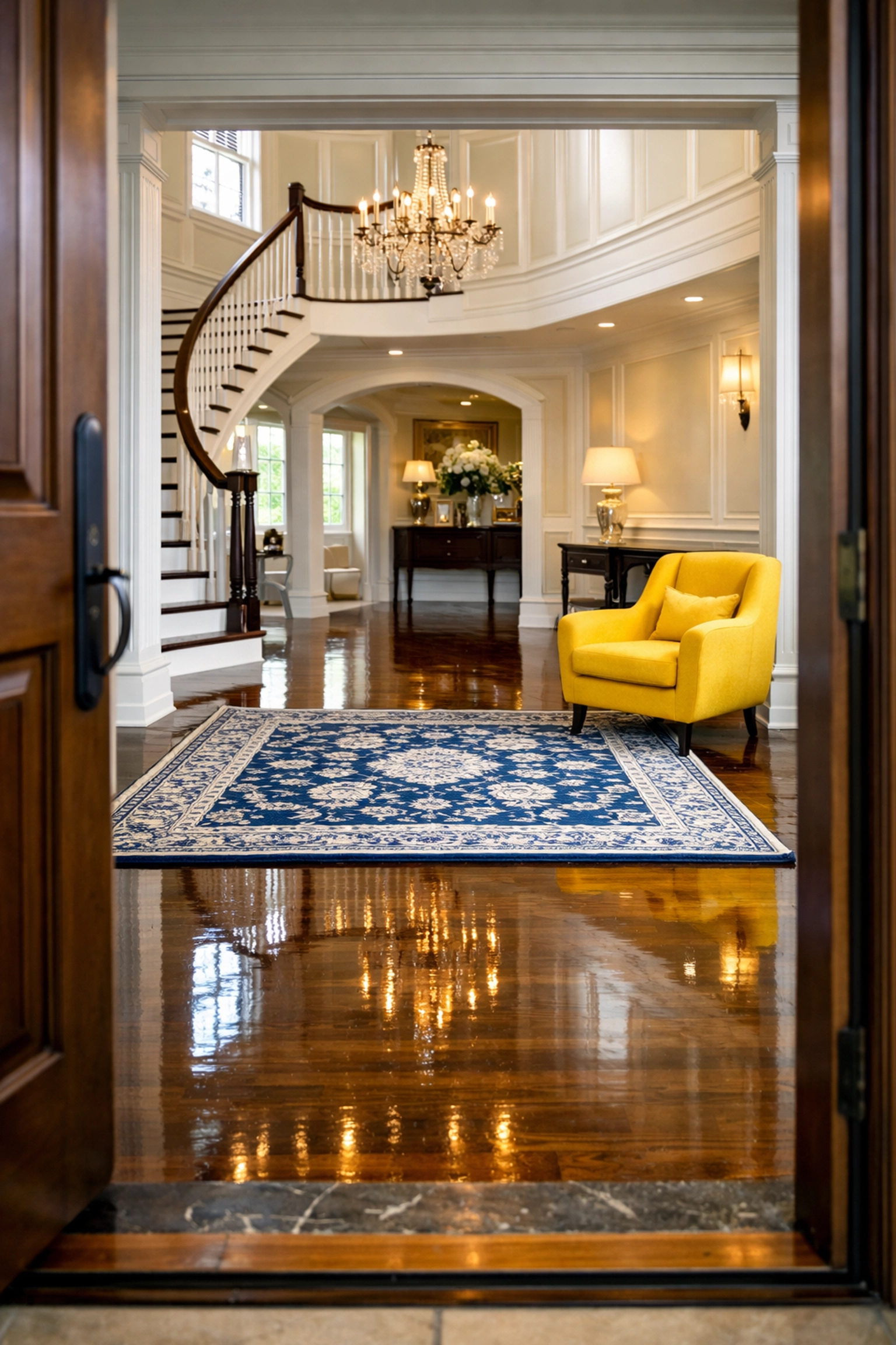 Polished hardwood floors in a luxury house cleaning MA entryway after a professional deep cleaning strike.