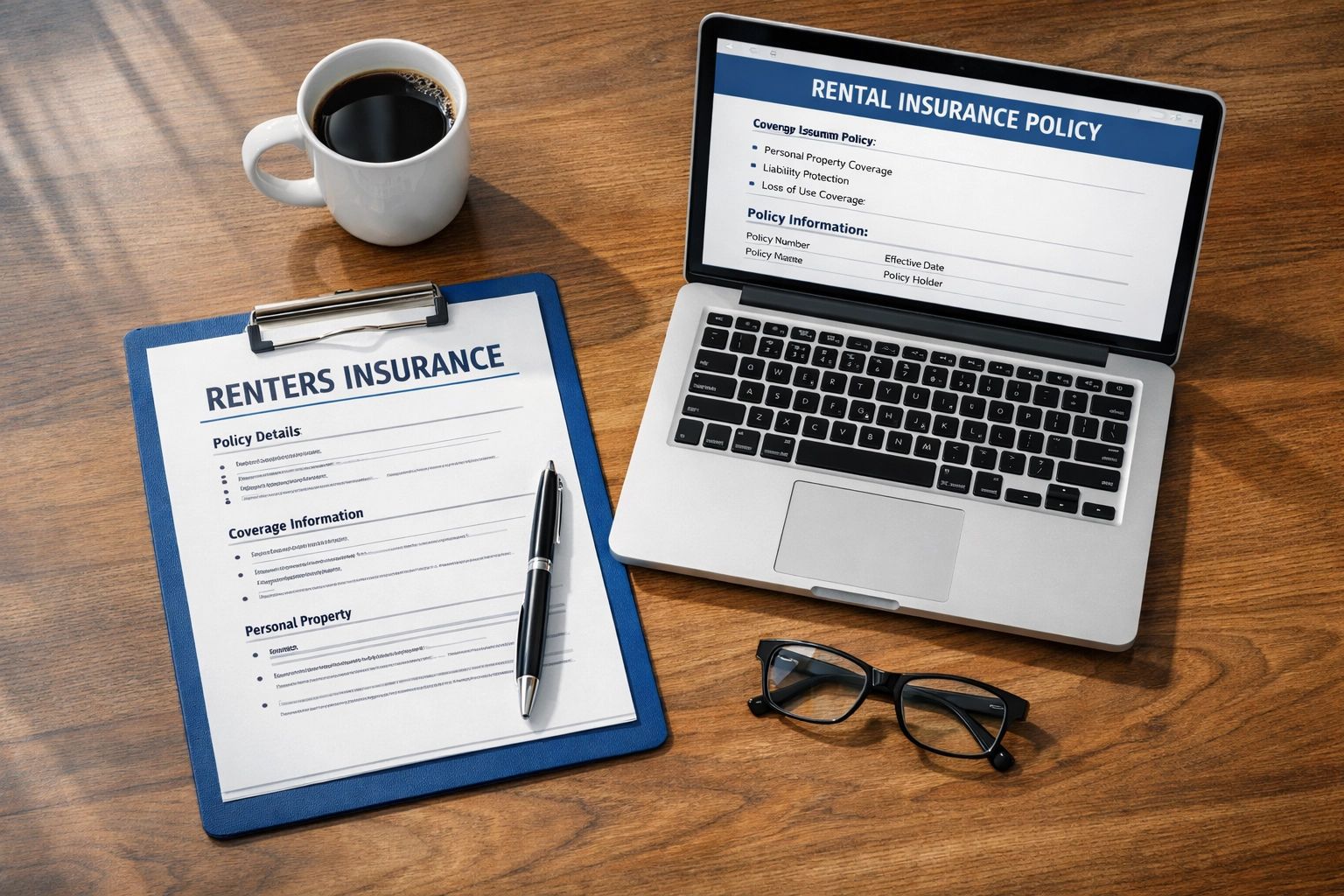 Desk with renters insurance documents and laptop for comparing policy options