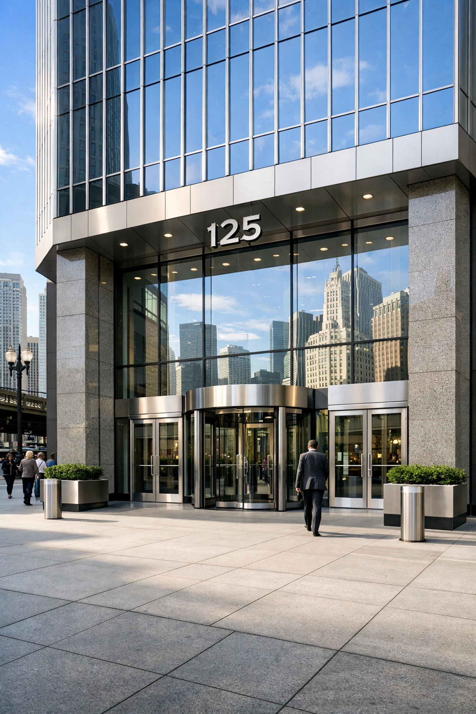 Modern office building entrance in Chicago Loop with clean sidewalks and professional glass architecture.
