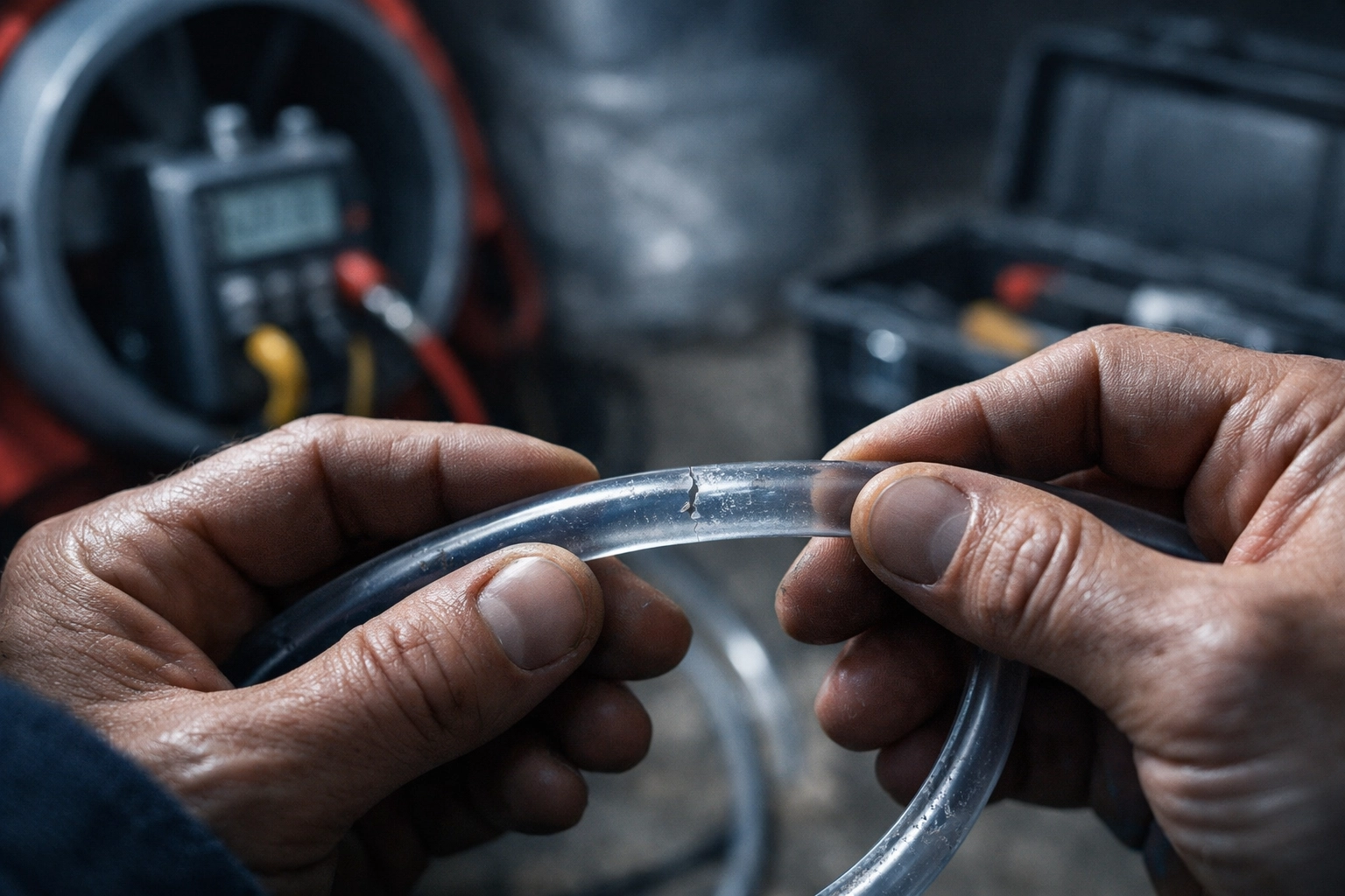 Technician inspecting cracked pressure hose on duct blaster testing equipment