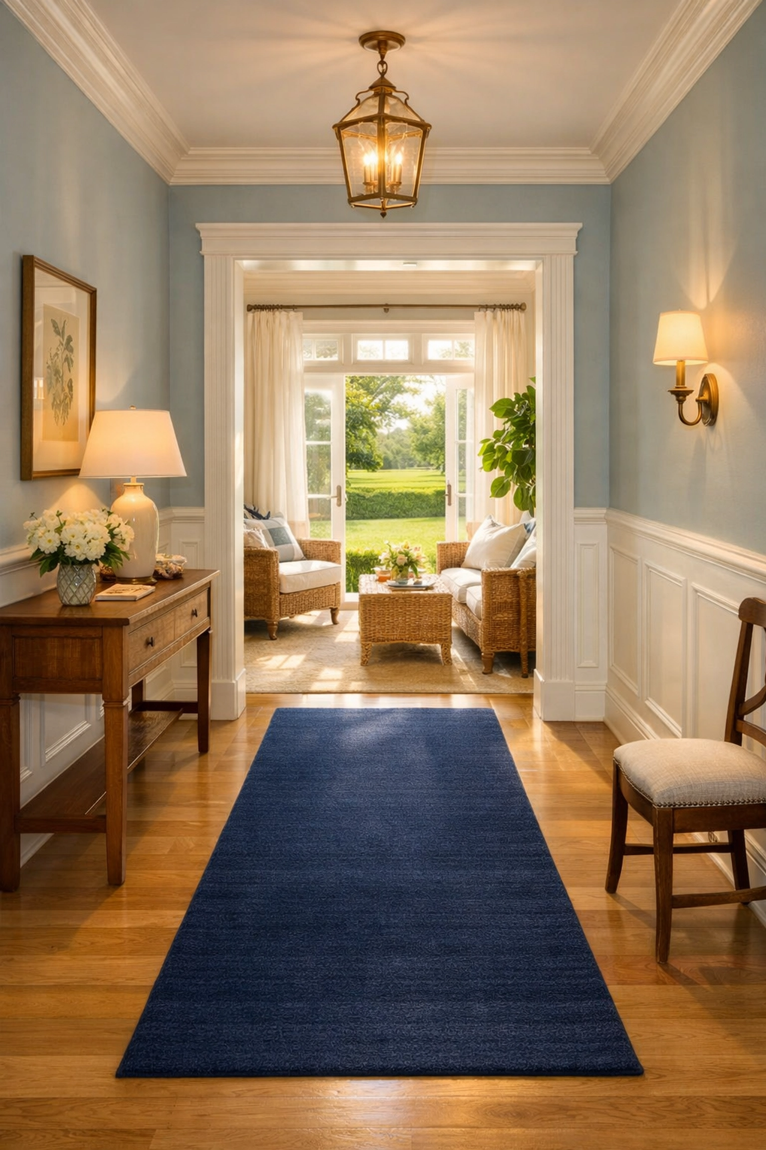 Sun-drenched hallway with clean wood floors and navy runner after professional house cleaning Wenham MA.