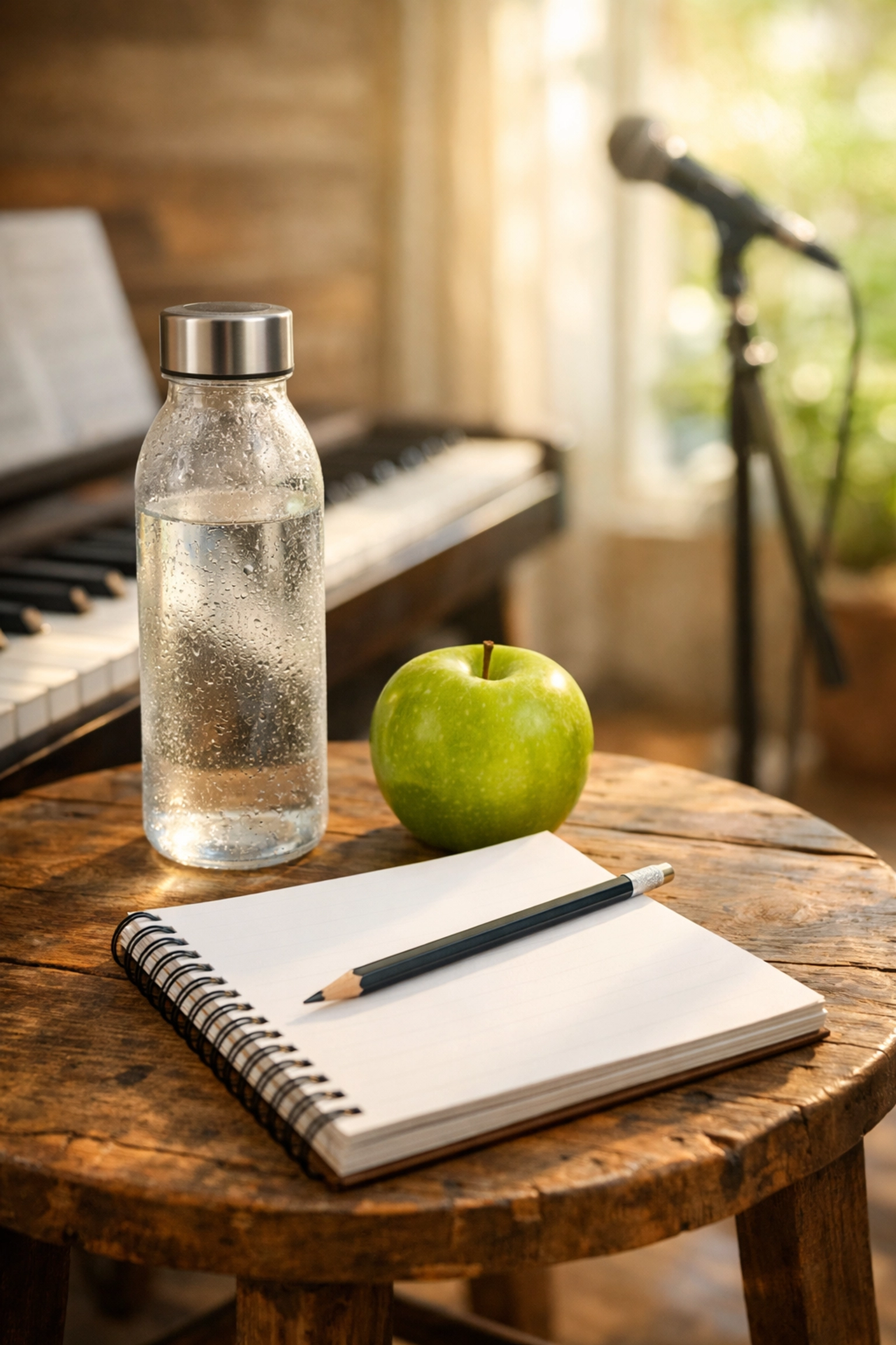 Preparation essentials for voice lessons in Tallahassee including water, a healthy snack, and a notebook.