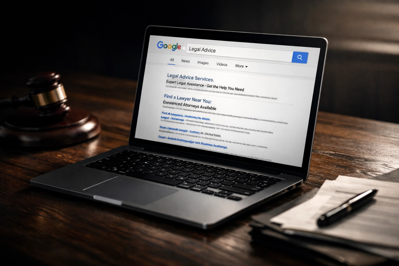 Personal injury law firm SEO research showing search rankings on laptop with legal documents