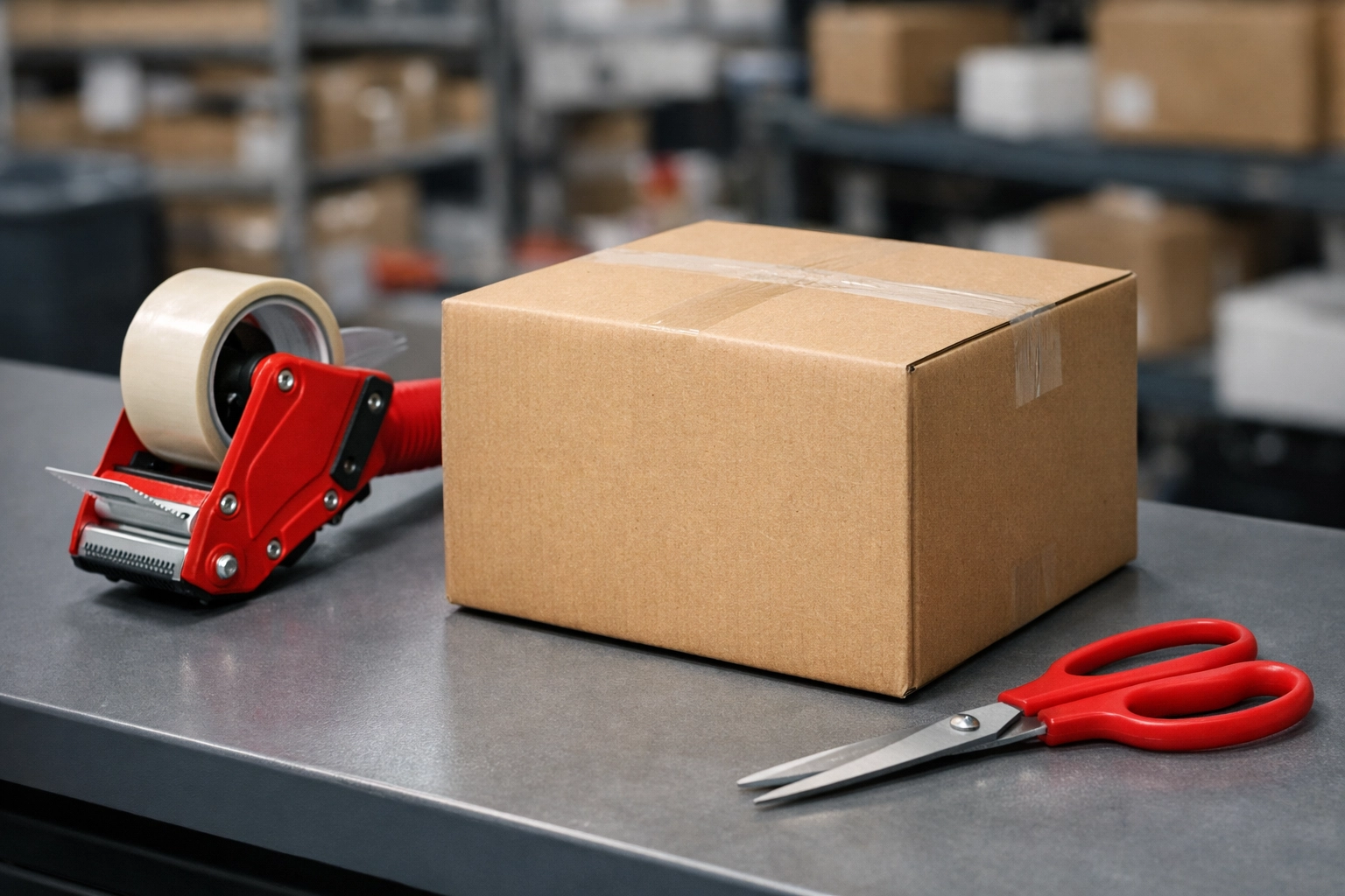 Efficient inventory fulfilment services showing a professional packing station in a warehouse.