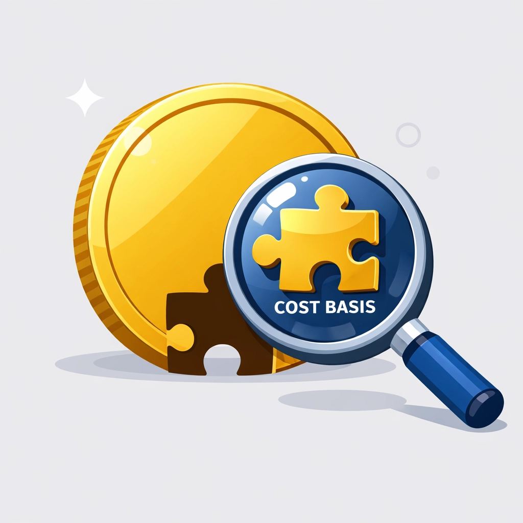 Illustration of a magnifying glass finding a crypto coin's missing cost basis for accurate Form 1099-DA reporting.