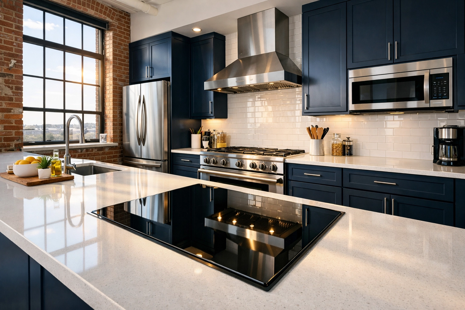 Spotless modern kitchen after move-out cleaning Worcester with white quartz countertops.
