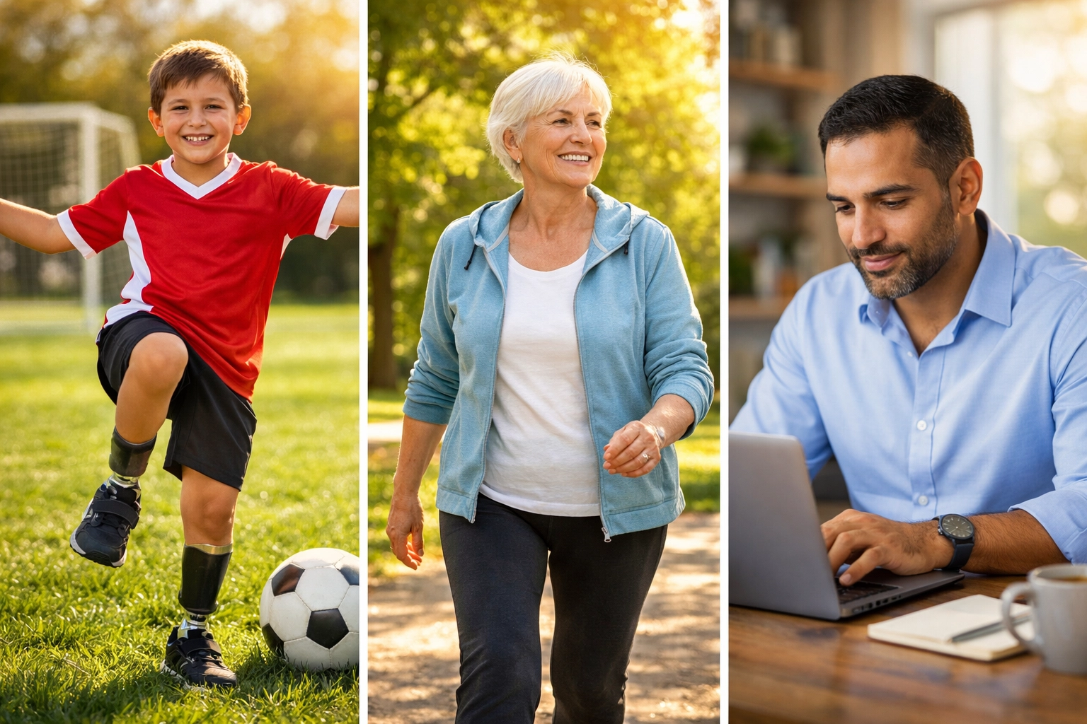 Montage showing a child athlete, adult, and senior returning to active lifestyles after concussion recovery.