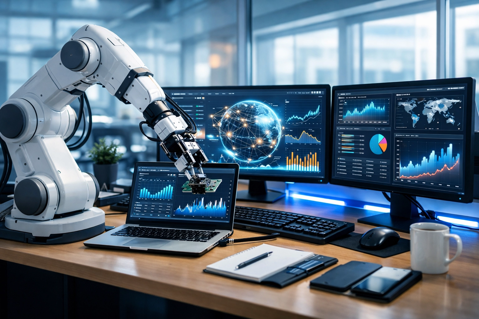 Automated workspace with synchronized dashboards demonstrating custom application efficiency