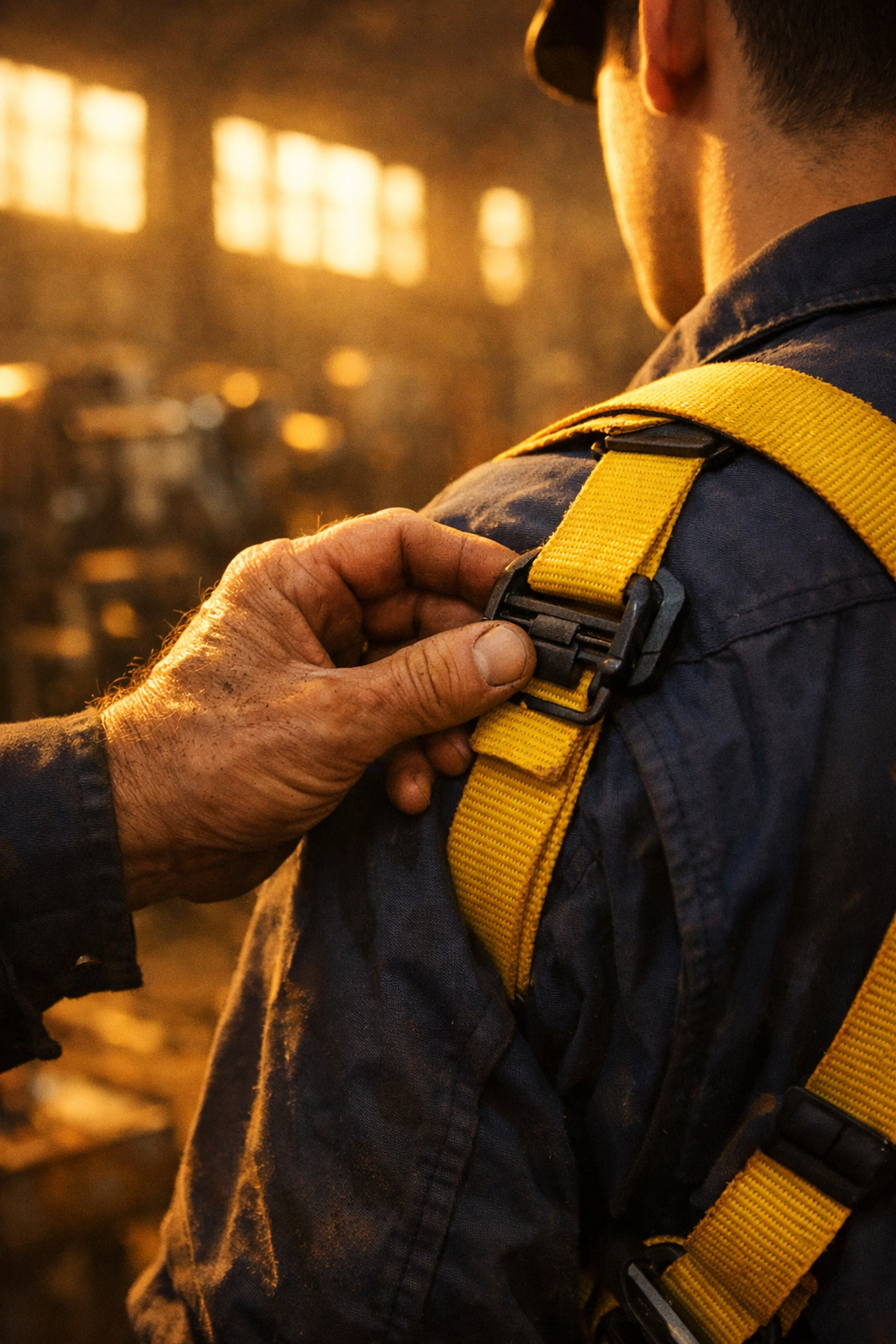 Experienced worker adjusting safety harness on coworker in warehouse showing Guardian mentorship
