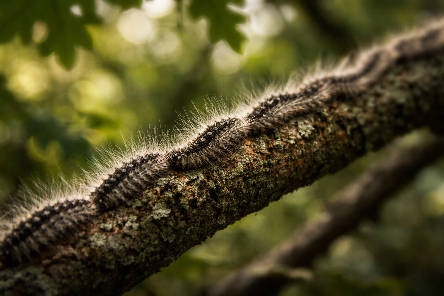 Close-up of Oak Processionary Moth caterpillars on an oak branch highlighting their distinctive hairs and procession formation for OPM identification.