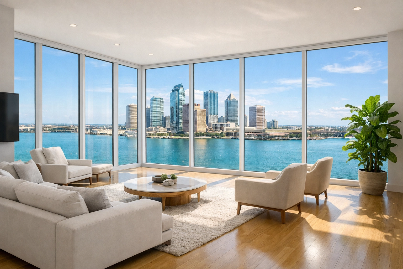 A perfectly clean luxury living room in downtown Tampa overlooking Hillsborough Bay.