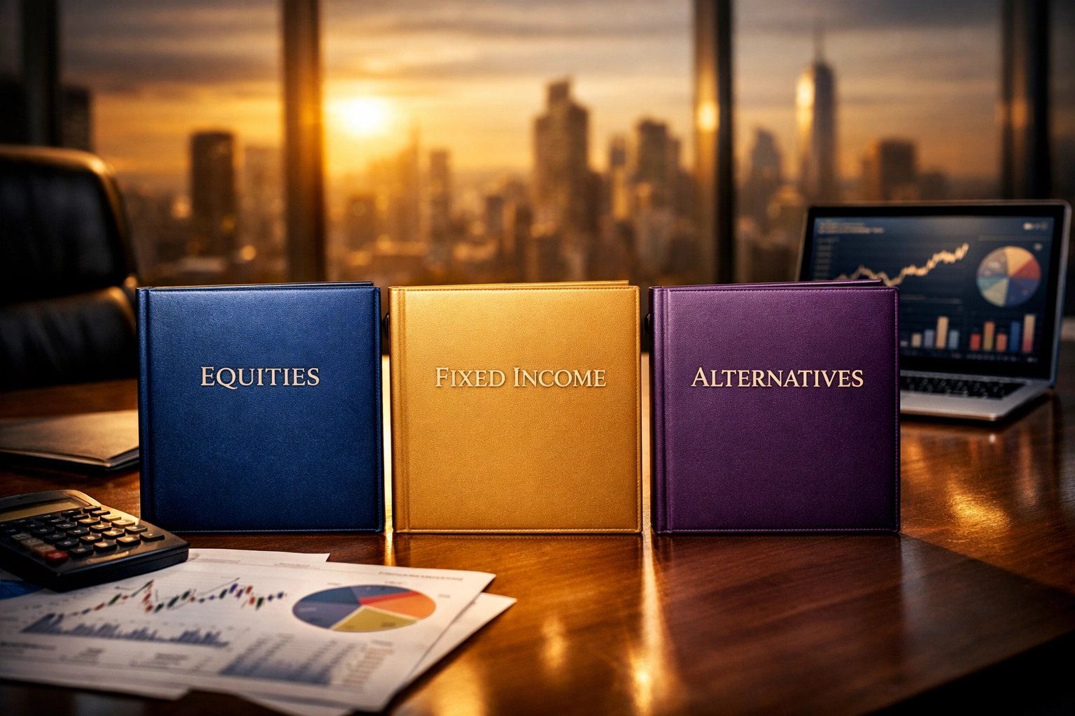 Accredited investor portfolio folders representing equities, fixed income, and alternatives allocation