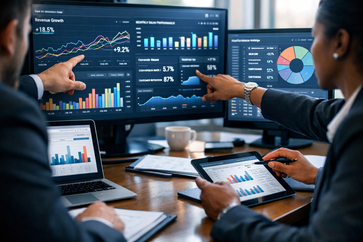 Sports marketing professionals analyzing data dashboards and ROI metrics in strategy meeting