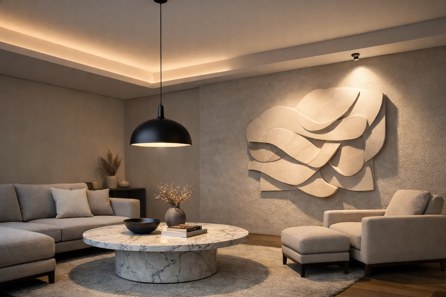Layered architectural lighting in a modern living room featuring ambient cove lights and accent spotlights.