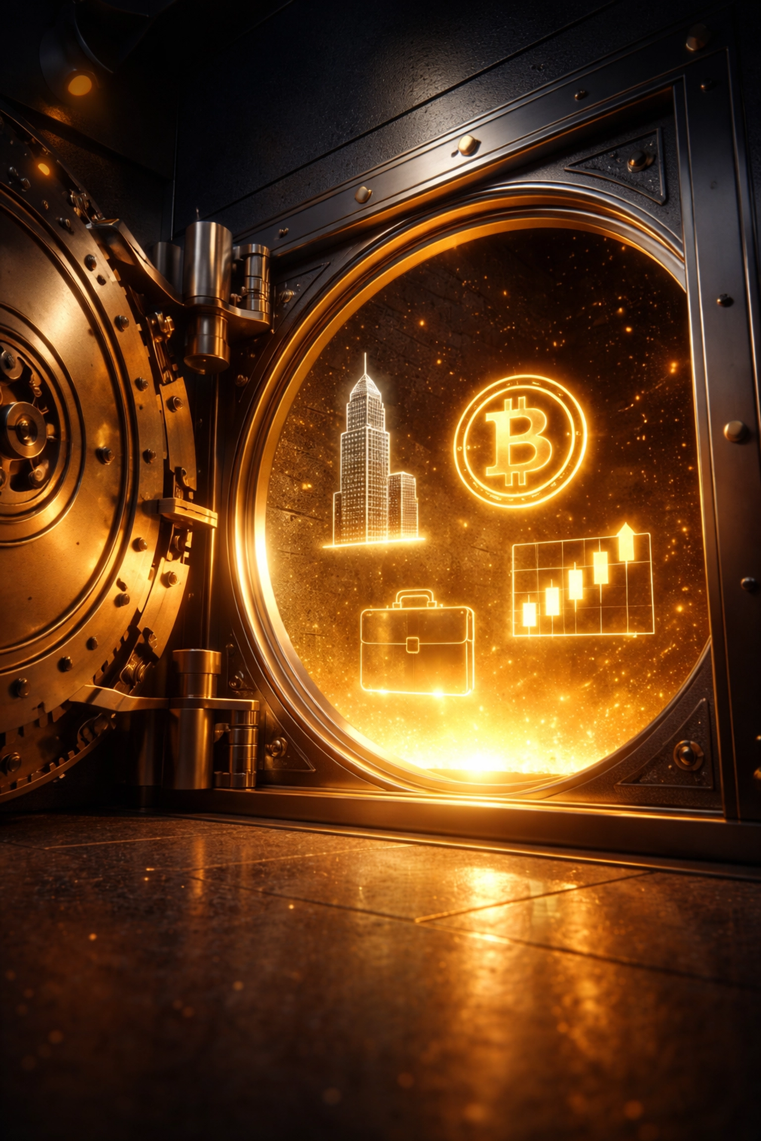 Vault door opening to reveal symbols of private equity, crypto, and investment opportunities for accredited investors