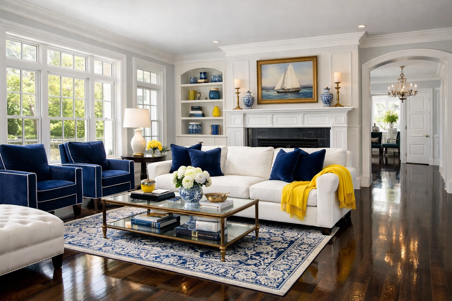 Professional house cleaning Concord MA in a colonial living room with spotless hardwood floors.