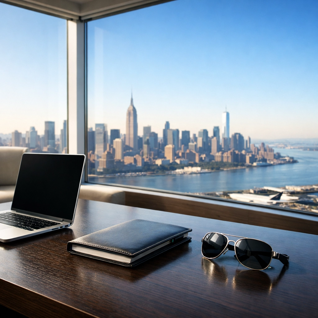 Modern executive workspace with a city skyline view, representing a successful corporate travel mission.