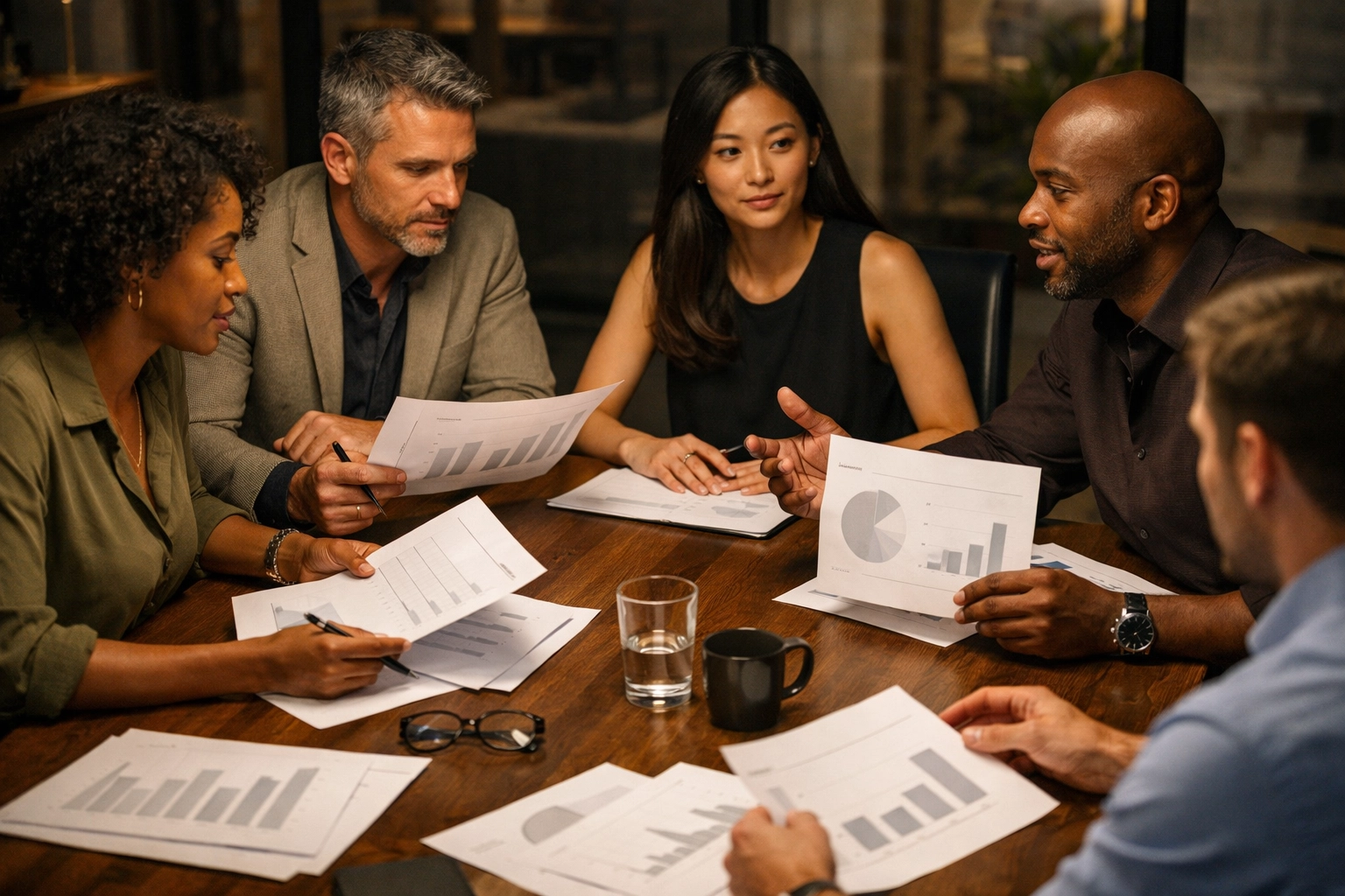Cinematic agency meeting around a conference table reviewing clean, text-free reports and charts.