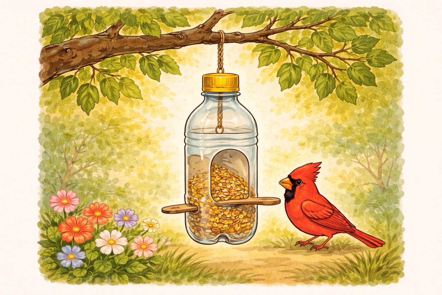 Plastic bottle bird feeder hanging from a tree with a cardinal, illustrating a recycled DIY feeder project