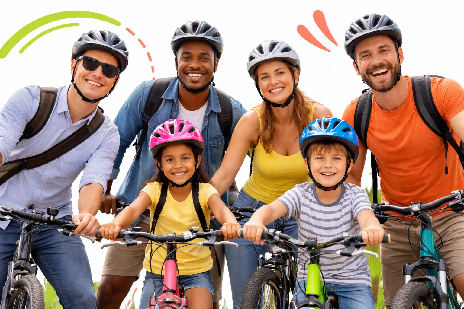 Group of cyclists of all ages wearing helmets, representing savings for commuters, families, and hobbyists at cycling clearance