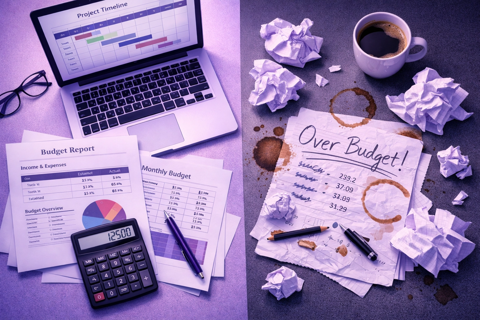 Office desk with budget documents and project timelines showing IT project management planning costs