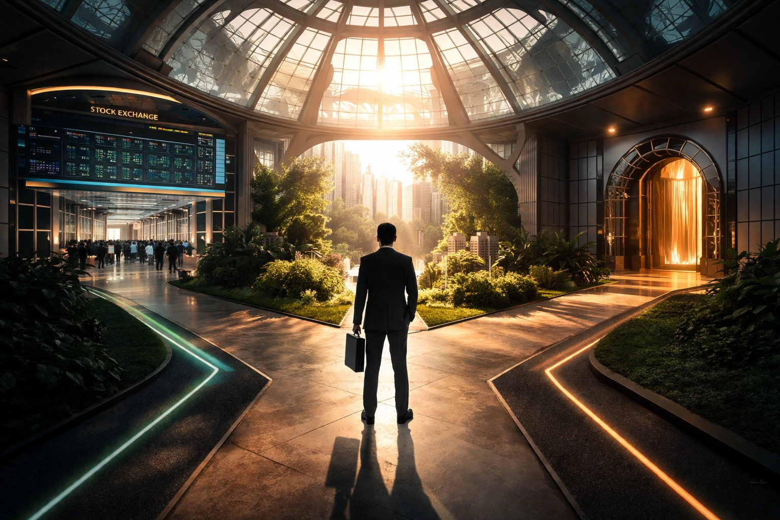 Investor at a crossroads, representing choices between stocks, real estate, and alternatives in modern diversification