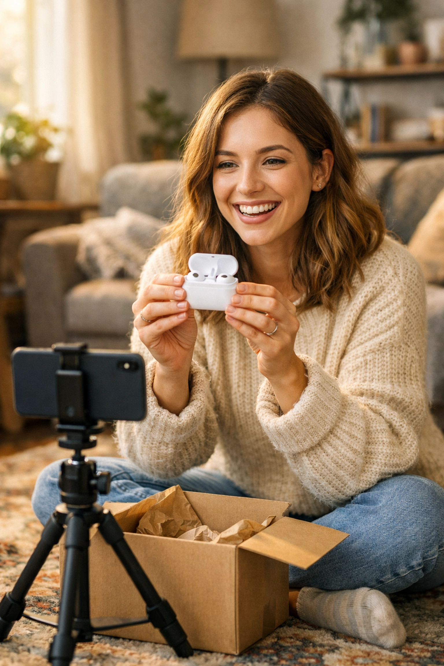 A customer filming an authentic product unboxing video to build trust for a small business.