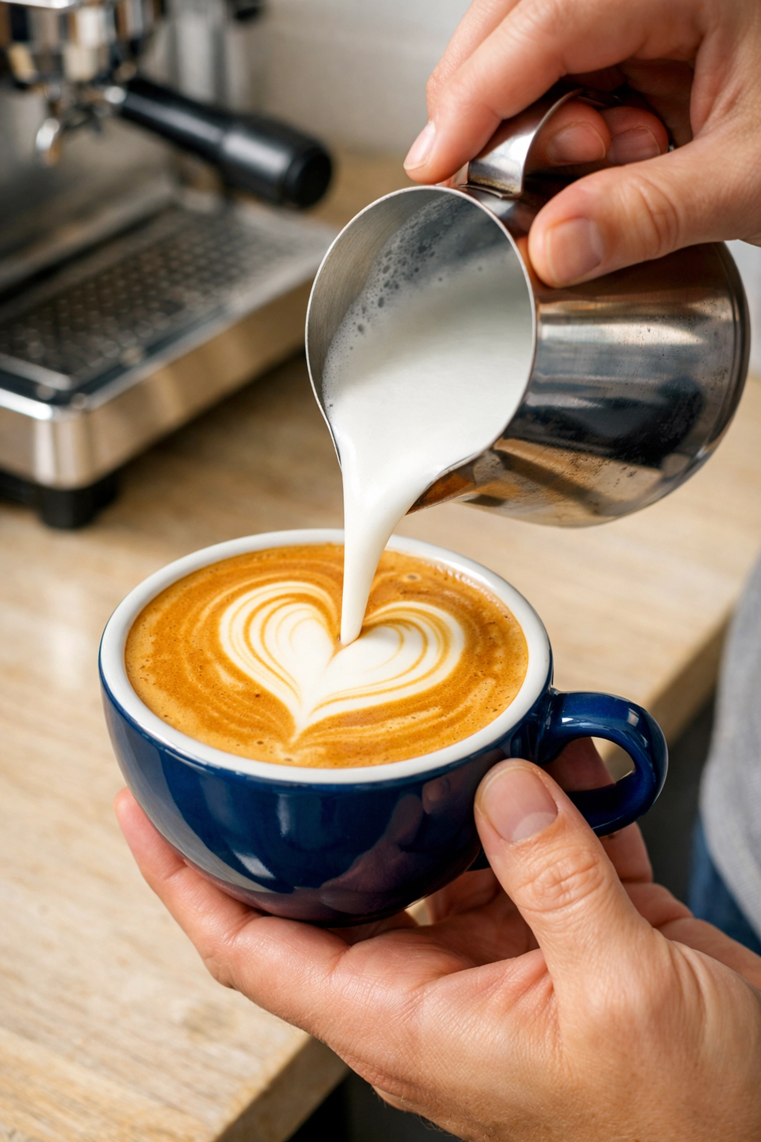 Barista pouring latte art, highlighting professional training provided by wholesale specialty coffee suppliers.