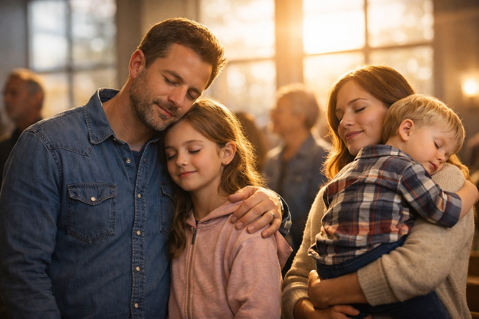 Family worshiping together in modern church service with parents and children Family worshiping together in modern church service with parents and children