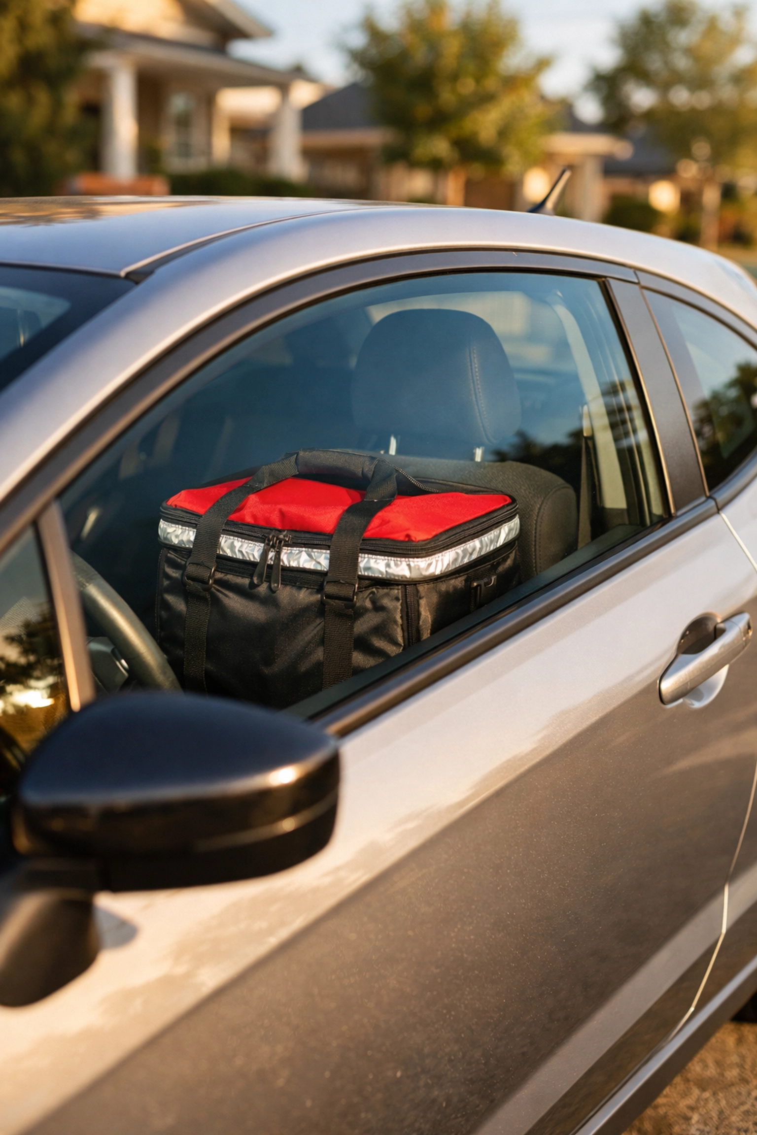 A personal vehicle with a thermal food delivery bag parked on a street for restaurant delivery.